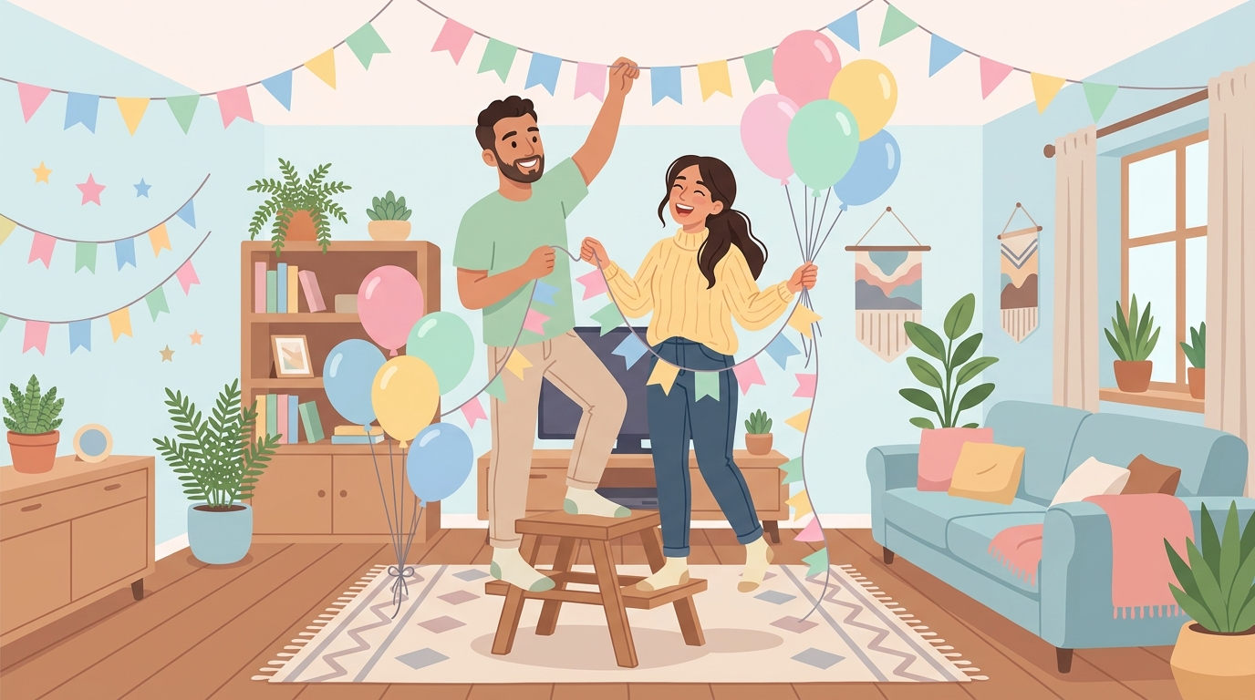 Karim et Yara qui accrochent des ballons et des guirlandes dans le salon